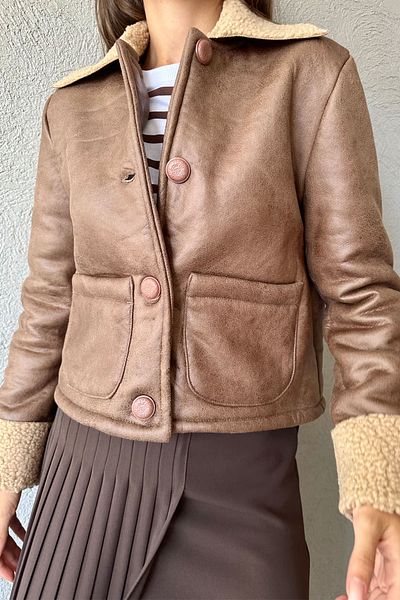 Seda Yalçın Atelier Camel Fur Lined Buttoned Faux Leather Jacket