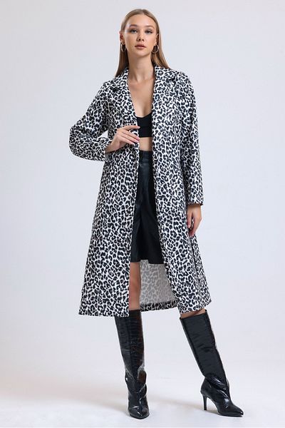 MD trend Women's Ecru Leopard Patterned Double Breasted Collar Belted Long Coat