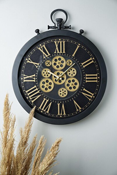 Muyika Design Muyika Perfetto Hareketli Çarklı Siyah Kasa 55x55cm Sessiz Mekanizmalı Vintage Duvar Saati Pods-55