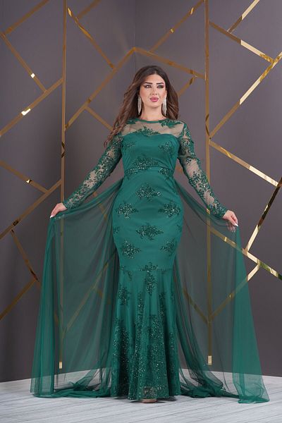 Matik Abiyem Custom Glitter Flock Printed Lace Design Evening Dress