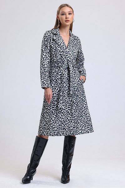 MD trend Women's Ecru Leopard Patterned Double Breasted Collar Belted Long Coat
