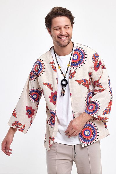 rammers Bohemian Kimono Jacket 100% Linen Comfortable Cut Ethnic Patterned