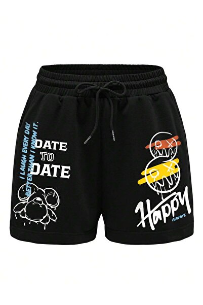Adrift Coolane Cartoon & Slogan Graphic Drawstring Waist Shorts