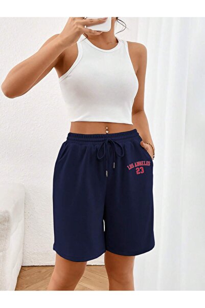 Adrift Letter Graphic Drawstring Waist Şort