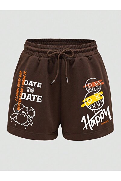 Adrift Slogan Graphic Drawstring Waist Shorts