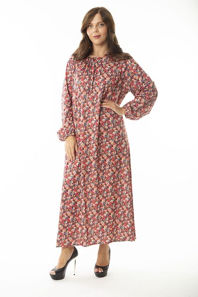 Şans Women's Large Size Red Maxi Length Dress with Gathering Collar and Elastic Cuff Detail 65N36905