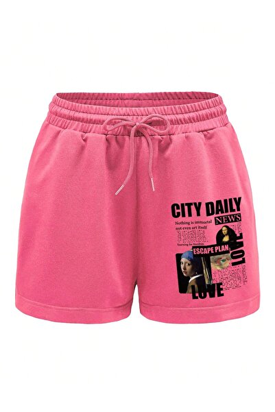 Adrift Figure & Slogan Graphic Drawstring Waist Shorts