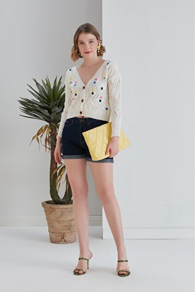 Lusin Γυναικεία πλεκτή ζακέτα με μακρυμάνικο κέντημα με κουμπιά