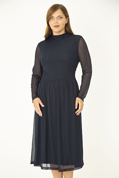 Şans Women's Large Size Navy Blue Waist Gathered Lined Tulle Dress 65N36911