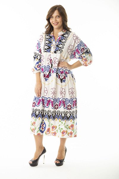 Şans Women's Large Size Saks Woven Viscose Fabric Front Half Buttoned Long Sleeve Dress 65N36886