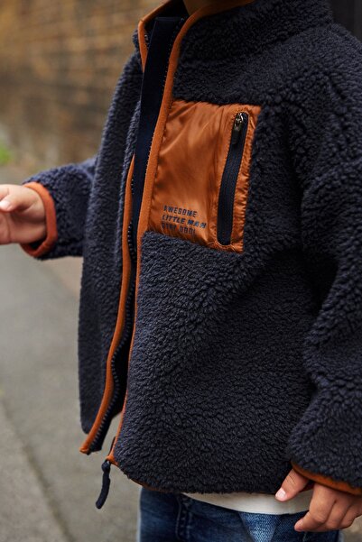 Next Baby Borg Navy Blue Brown Detailed Fleece Jacket Coat