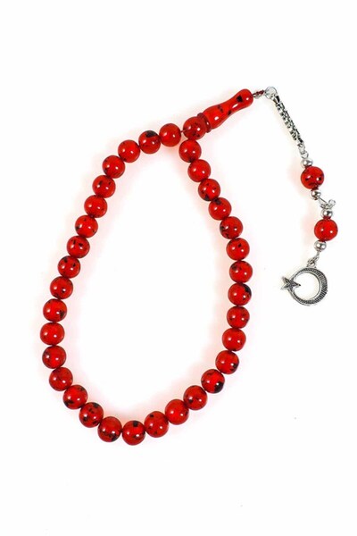 izmirpazarı Globe Grain Tea Fossil Red Color Single Branch Tasseled Powder Amber Prayer Beads