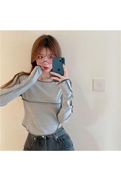 Touz Y2K Streetwear Μακρυμάνικο Γκρι Crop με λεπτομέρεια Backstitch