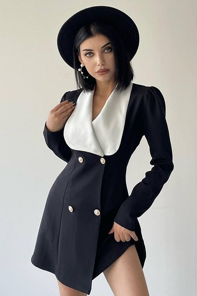 lovebox Jachetă  din stofa Atlas Design rochie Guler lat mânecă lungă Rochie sacou neagră Rochie neagră de seară 170