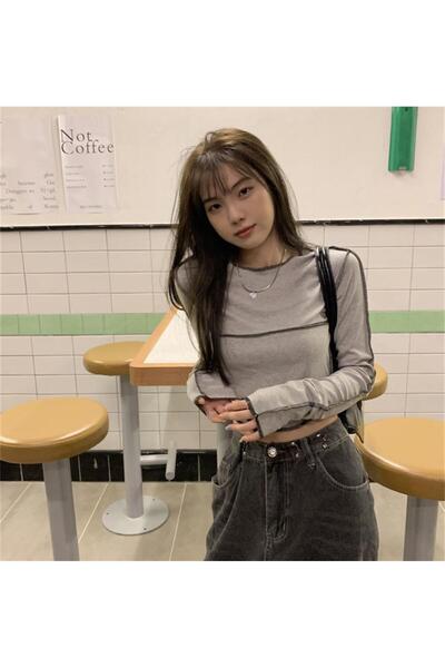 Touz Y2K Streetwear Long Sleeve Gray Crop with Backstitch Detail
