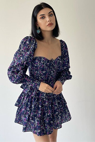 lovebox Pamuklu Krep Kumaş Göğüs Dolgulu Eteği Kat Kesim Uzun Kol Çiçek Desen Straplez Mor Abiye Elbise 171