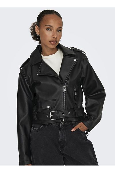 ONLY Black Women's Coat ONLLOUIE FAUX LEAHTER BIKER OTW
