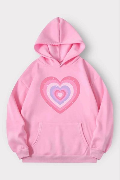 Gofeel Harajuku Y2K - Pink Floral Heart Oversize Hooded Tech Sweatshirt