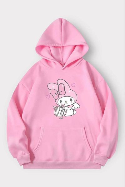 Gofeel Melody Music Detailed Harajuku Pink Oversize Hooded Tech Sweatshirt