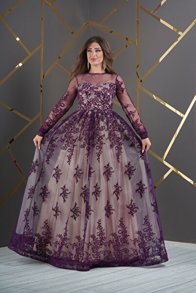 Matik Abiyem Esnek Tül Üzerine Flok Baskılı Uzun Abiye