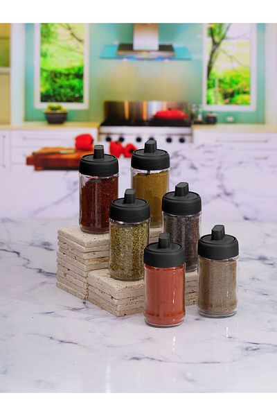 Amentes 6 Pieces Lid with Spoon Glass Spice Set Lockable Lid-300 ml 6-Piece Spice Set with Label
