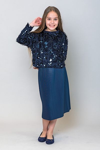 incity Girl's Navy Blue Midi Length Pleated Leather Skirt