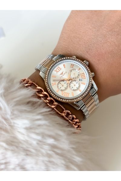 FERRO Brand Functions Active, Rose/silver, Steel Strap, Stone Wristwatch + Bracelet