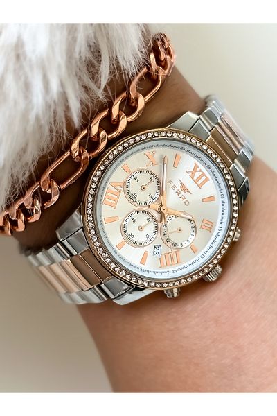 FERRO Brand Functions Active, Rose/silver, Steel Strap, Stone Wristwatch + Bracelet