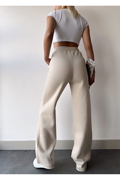 schlank Kadın Taş İçi Polarlı Kışlık Bağcıklı Yüksek Bel Bol Paça Eşofman Altı