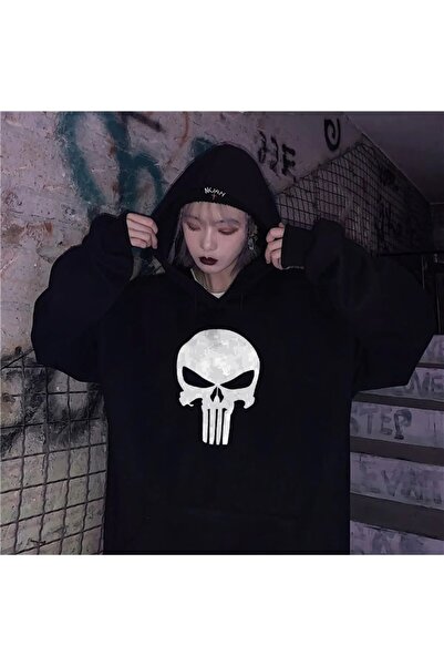 Le Savu Gothic Punisher Siyah Renkli Kapüşonlu Sweatshirt
