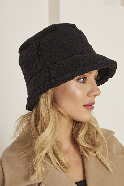 Eke Tekstil Siyah Kadın Peluş Kova Model Balıkçı Bucket Hat Kışlık Şapka