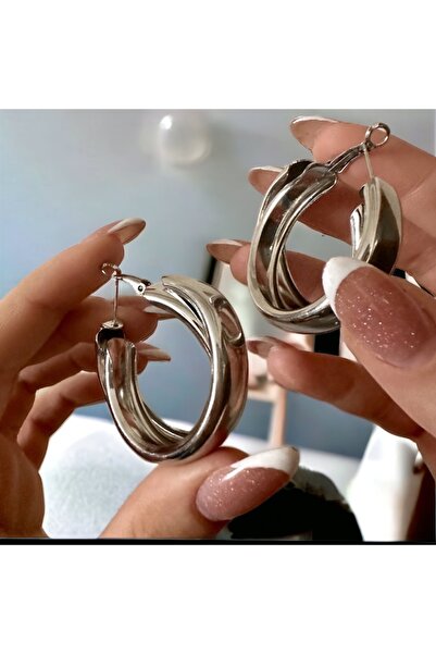 alsaccessories Kadın Gümüş Renk Çelik Iç Içe Geçirmeli Halka Model Küpe