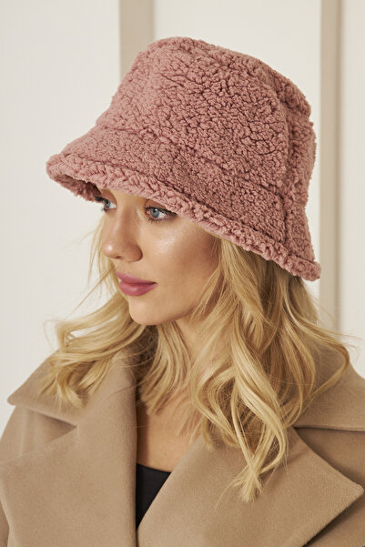 Eke Tekstil Pembe Kadın Peluş Kova Model Balıkçı Bucket Hat Kışlık Şapka