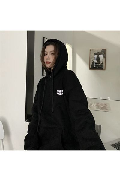 Josette Unisex Μαύρη φούτερ εργασίας με στάμπα με κουκούλα oversize