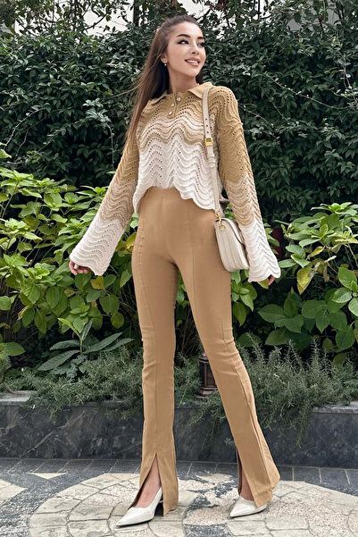 Modamesta Bej Yırtmaç Detaylı Ekstra Yüksek Bel Pantolon