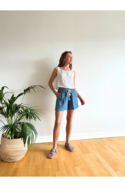 Perky Moth %100 Pamuk 2 Katlı Cepli Mavi Müslin Şort | Hafif & Rahat Tasarım