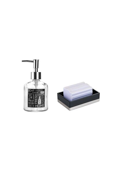 Bosphorus BATHROOM SET, BLACK LABELED GLASS LIQUID SOAP HOLDER AND ACRYLIC BLACK SOAP HOLDER