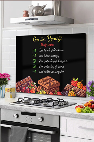 PRATİK DEKOR Disegno Cam Ocak Arkası Koruyucu Tezgah Ankastre Arkası Koruyucu | 60x52 cm | Günün Yemeği