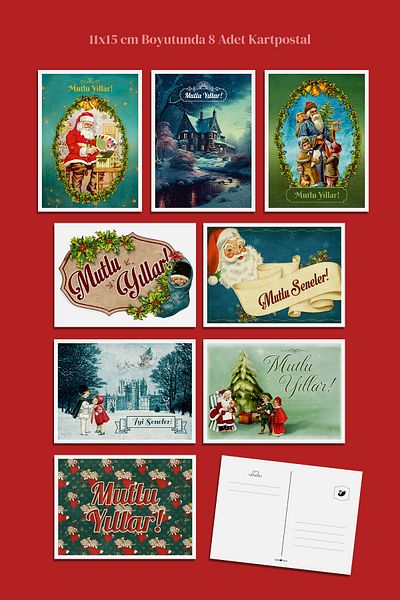 Özer Store 8 Pieces New Year New Year Santa Claus Winter Themed Postcard Set Message Card