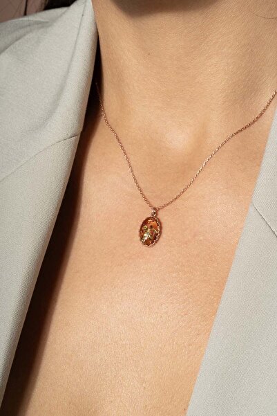 Takıdepo Damla Kehribar Taşlı Minimal Gümüş Kolye-Rose Rengi
