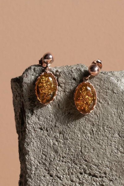 Takıdepo Damla Kehribar Taşlı Minimal Gümüş Küpe-Rose Rengi