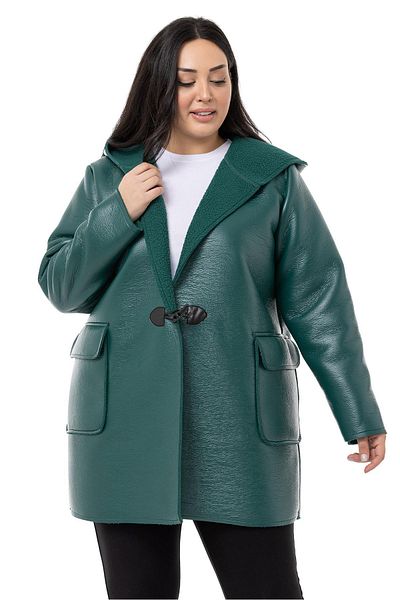DISENTIS MODEST Plus Size Flap Pocket Hooded Shepherd Buttoned Emerald Leather Coat with Fur Inside