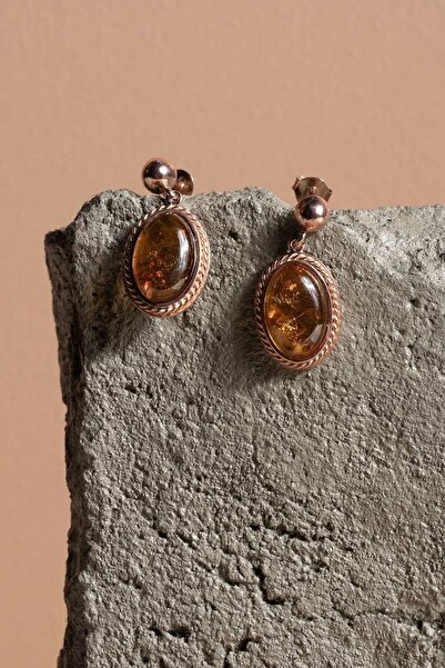 Takıdepo Damla Kehribar Taşlı Minimal Gümüş Küpe-Rose Rengi