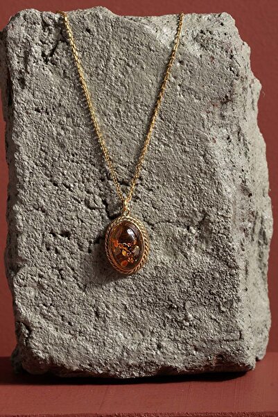 Takıdepo Damla Kehribar Taşlı Minimal Gümüş Kolye-Altın Rengi