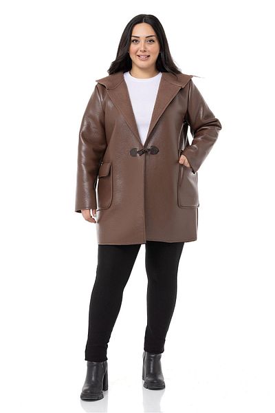 DISENTIS MODEST Plus Size Brown Leather Coat with Flap Pocket Hooded Shepherd Button and Fur Inside