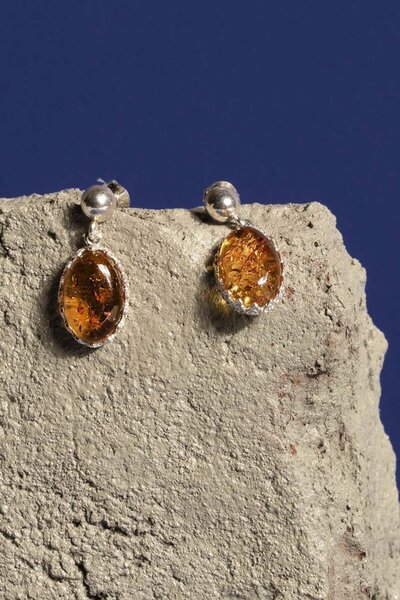 Takıdepo Damla Kehribar Taşlı Minimal Gümüş Küpe-Gümüş Rengi