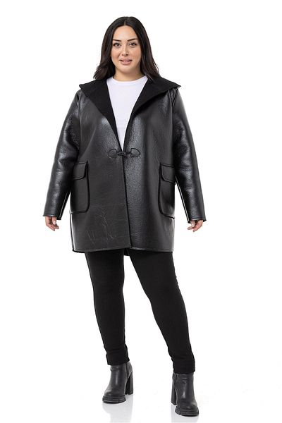 DISENTIS MODEST Large Size Flap Pocket Hooded Shepherd Buttoned Black Leather Coat with Fur Inside