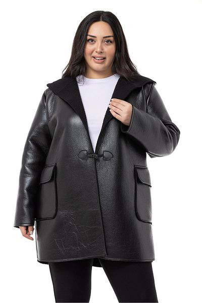 DISENTIS MODEST Large Size Flap Pocket Hooded Shepherd Buttoned Black Leather Coat with Fur Inside