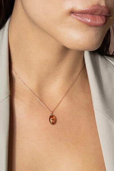 Takıdepo Damla Kehribar Taşlı Minimal Gümüş Kolye-Rose Rengi