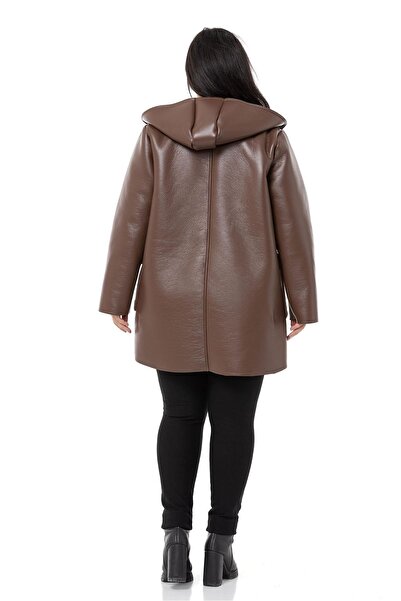 DISENTIS MODEST Plus Size Brown Leather Coat with Flap Pocket Hooded Shepherd Button and Fur Inside